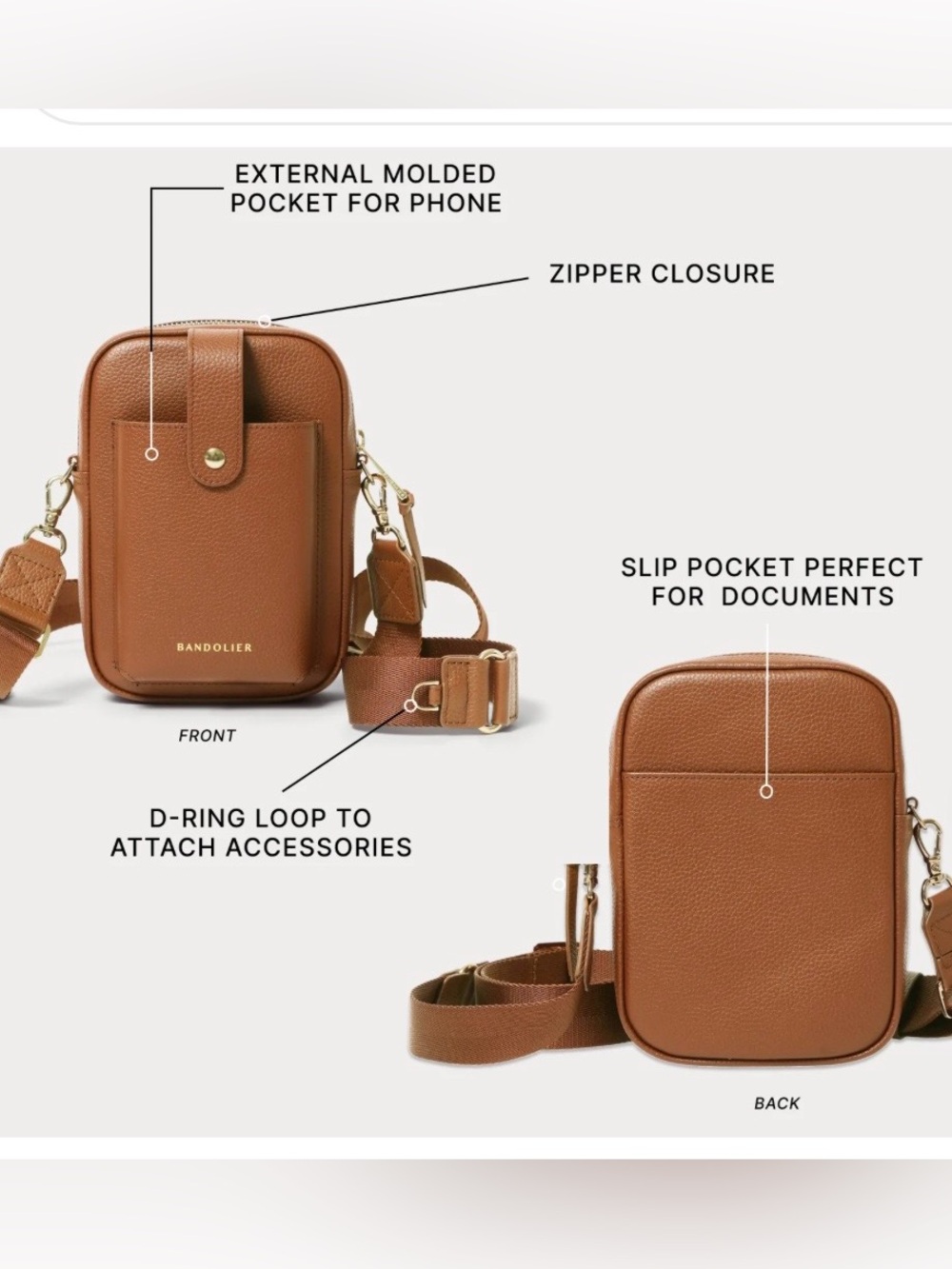 Bandolier Dillon Leather Crossbody Bag - Saddle Brown/Gold - Picture 4 of 6